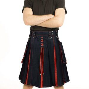 Men’s Hybrid Utility Kilt Black with Red Pleats  Boxing Day & Holiday Wear